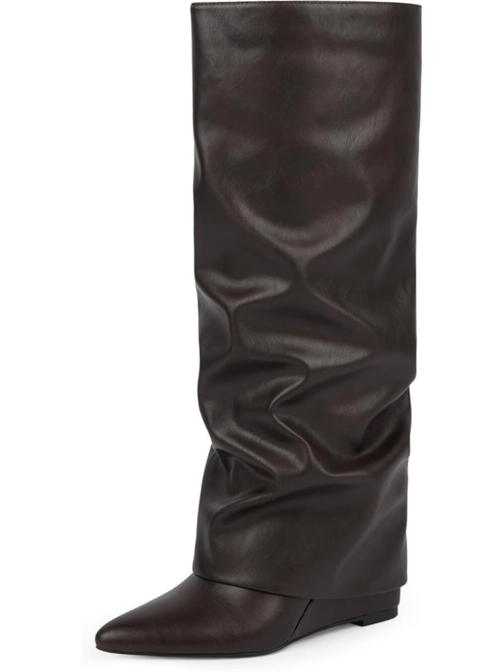 Women's Chocolate Fold Over Boots Wedge Heel Slouchy Boots Zipper Pointed Toe